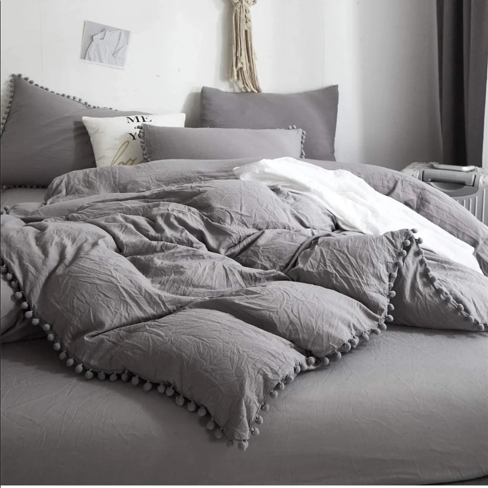 New GREY Pom Pom Fringe Duvet Cover Set